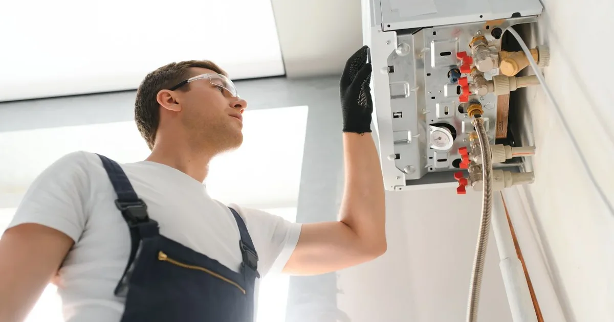Technician repairing a wall-mounted boiler for emergency boiler service in the Bronx