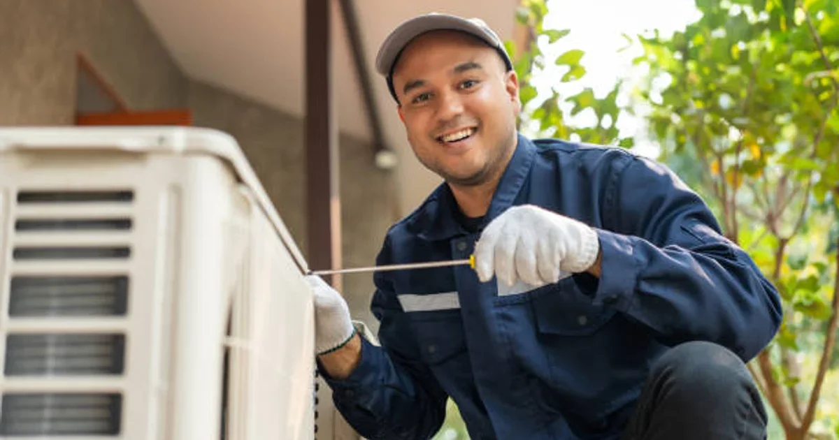 HVAC technician repairing an outdoor air conditioning unit for Brooklyn AC service